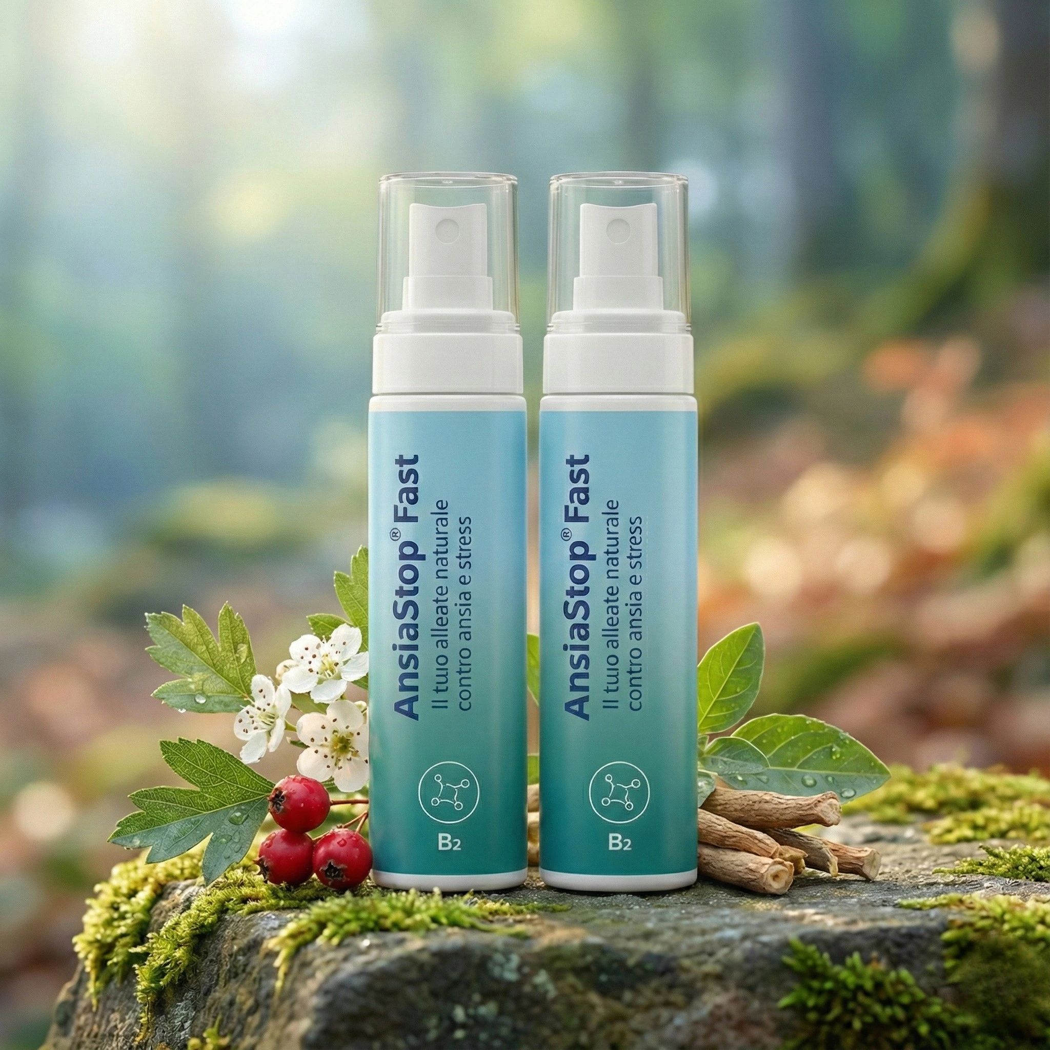 Flacone di AnsiaStop Fast con contagocce su sfondo rilassante con ingredienti naturali come Biancospino e Ashwagandha