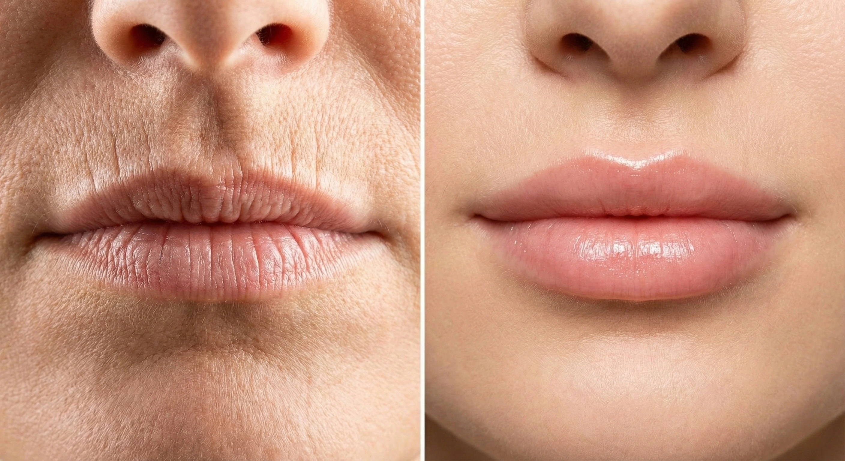 Confronto ravvicinato split-screen: a sinistra labbra sottili con rughe codice a barre evidenziate, a destra labbra distese e rimpolpate naturalmente