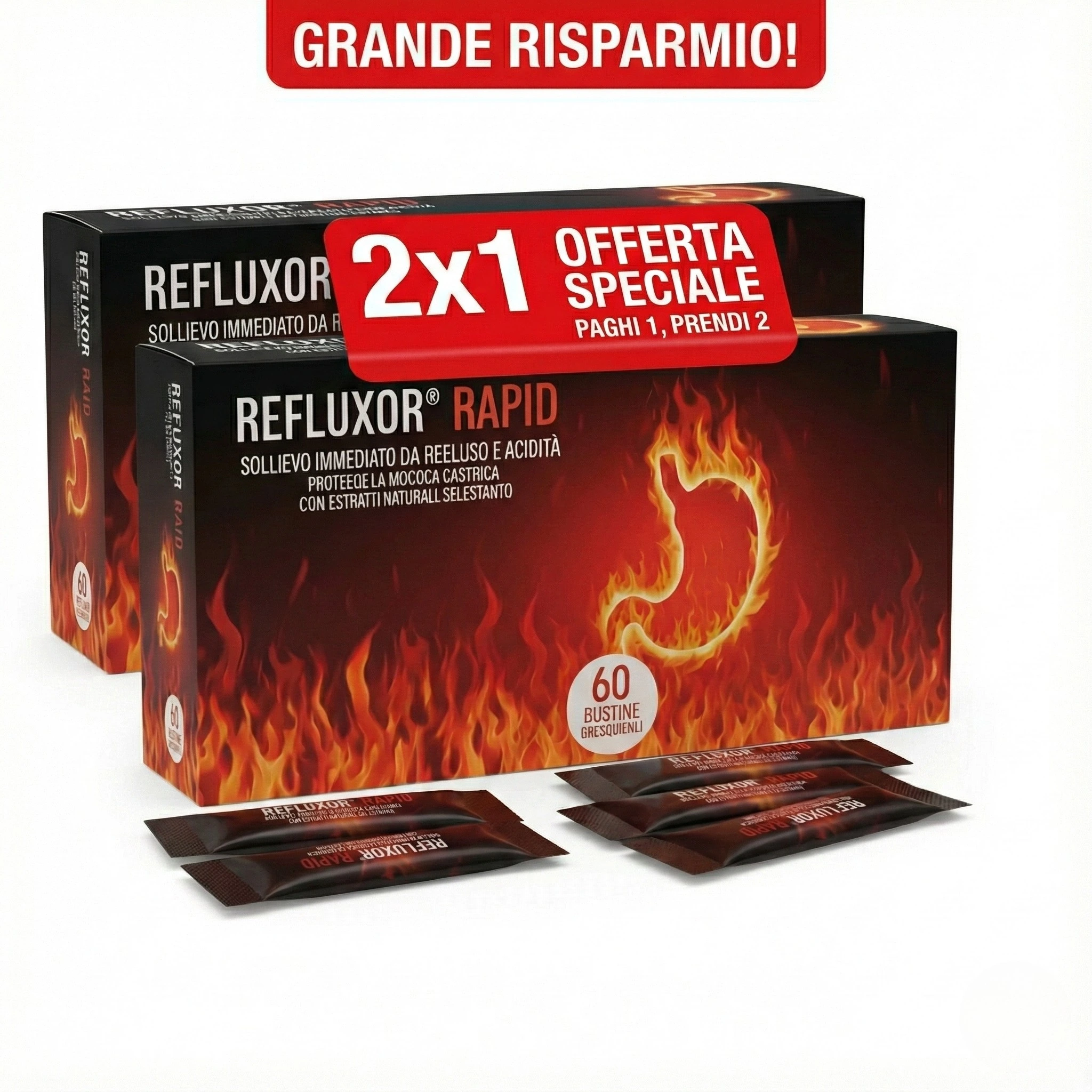 Due confezioni di integratore Refluxor Rapid in offerta speciale 2x1 su sfondo bianco