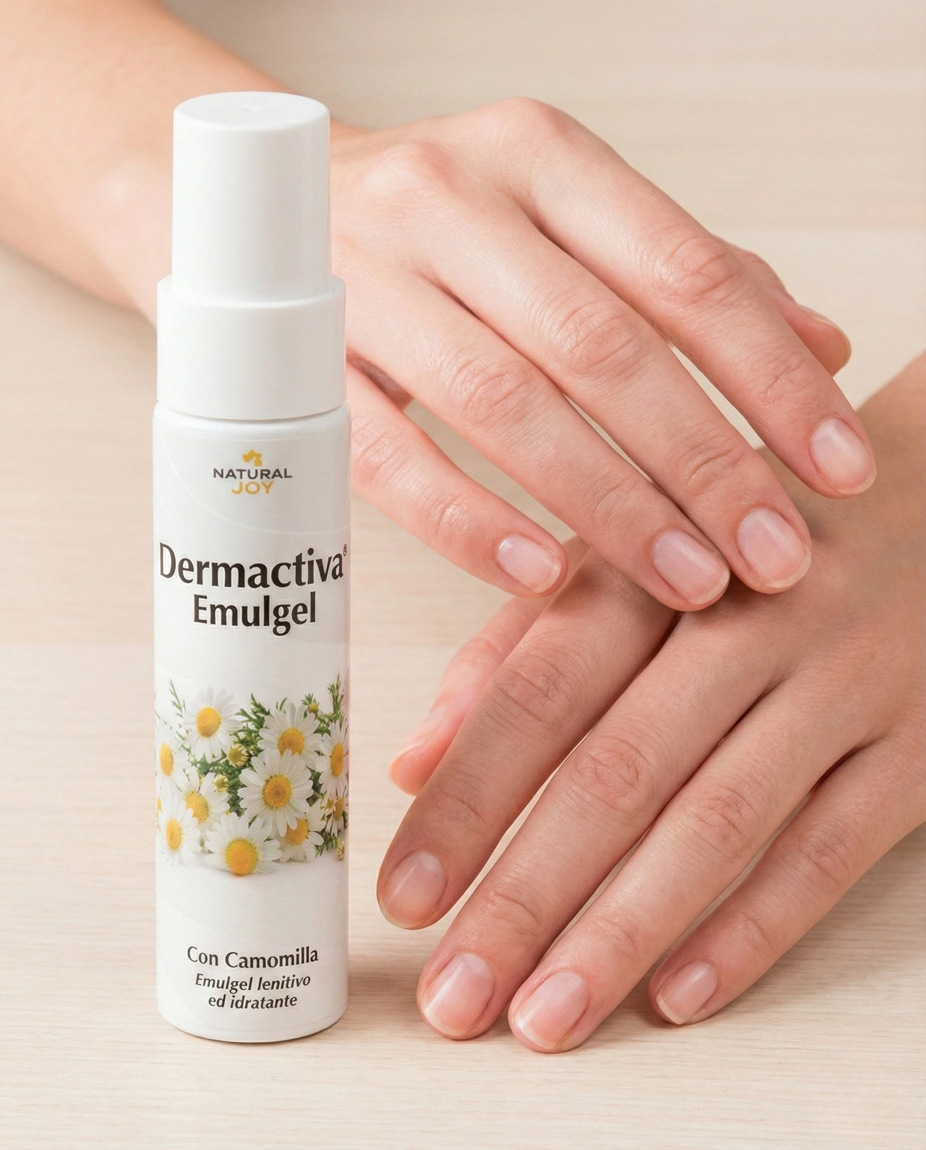 Confezione di Dermactiva Emulgel accanto a mani femminili sane, rosee e lisce, simbolo della guarigione dai geloni