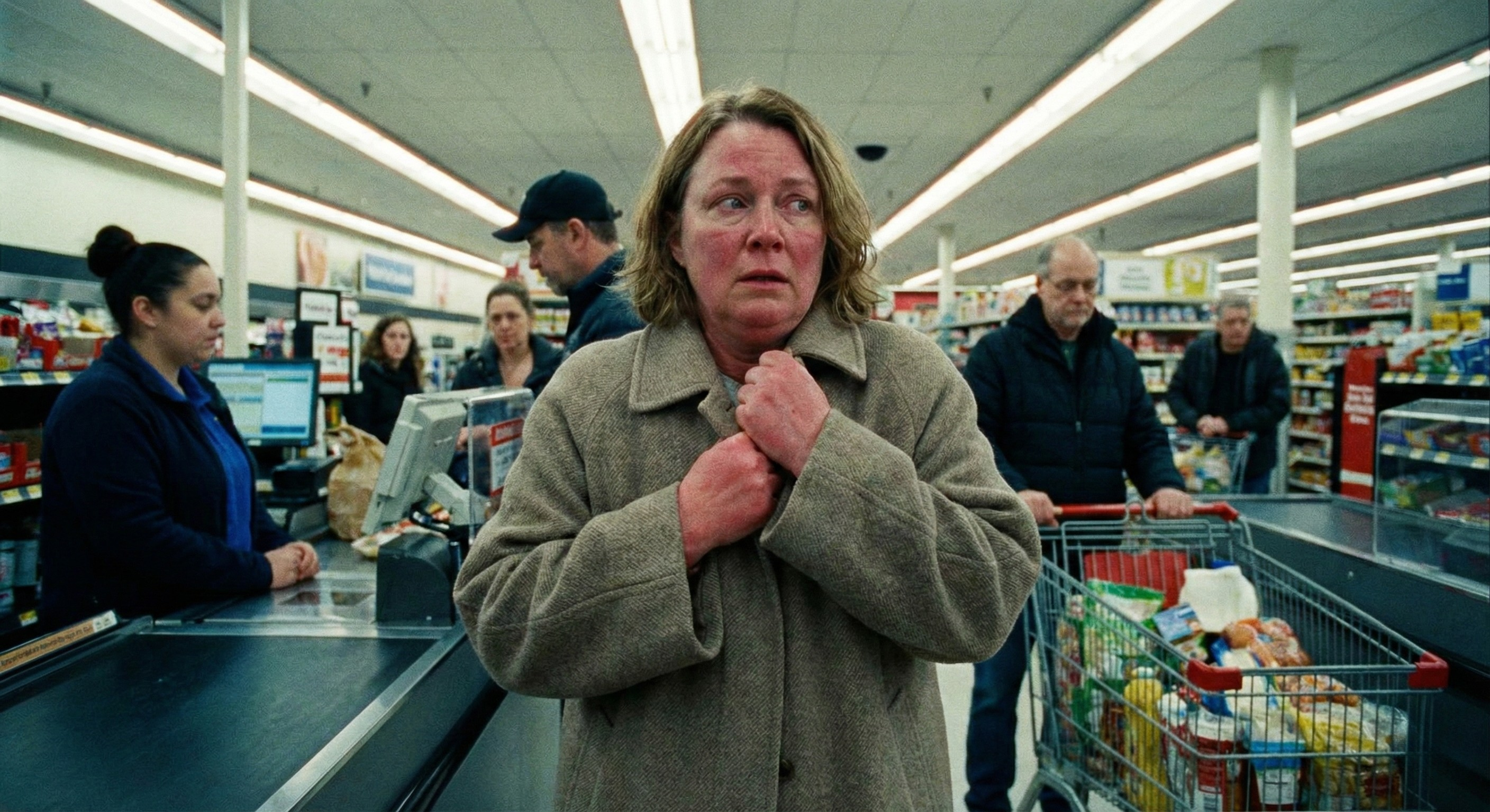 Donna di mezza età al supermercato con espressione imbarazzata che cerca di nascondere le mani arrossate e gonfie nelle maniche del cappotto