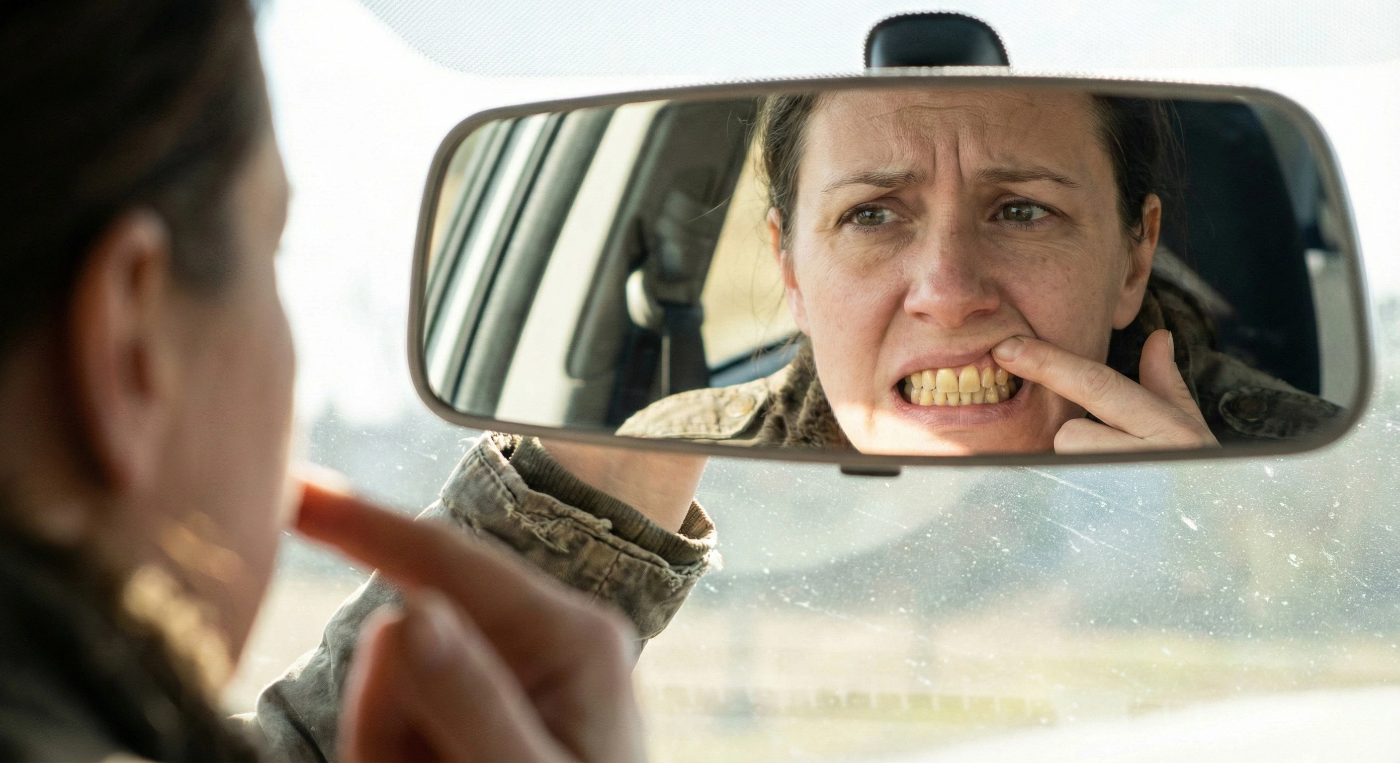 Donna di 40 anni in auto che guarda con preoccupazione i propri denti gialli nello specchietto retrovisore