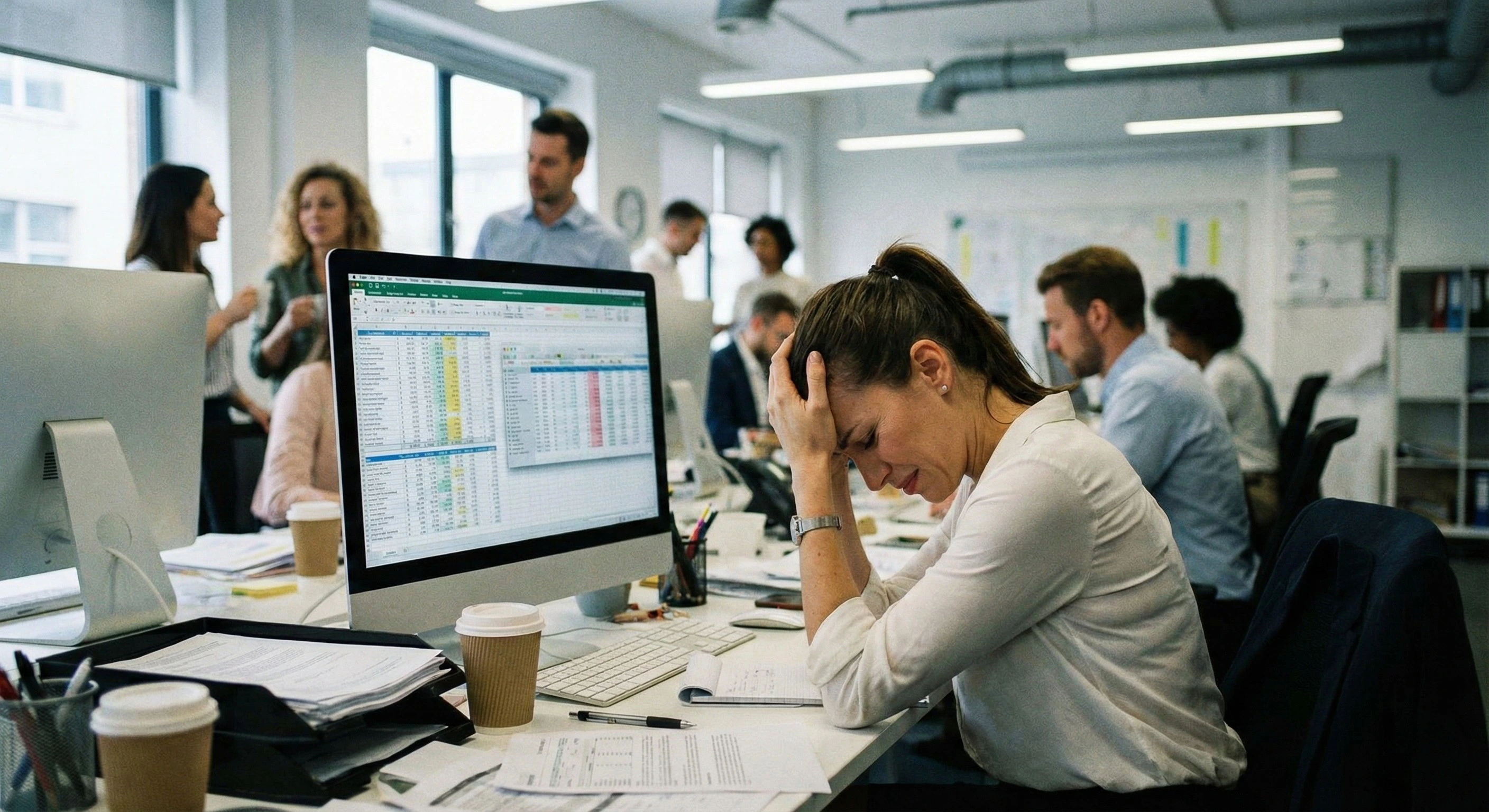 Donna in ufficio con la testa tra le mani, visibilmente stressata davanti al computer con colleghi sullo sfondo