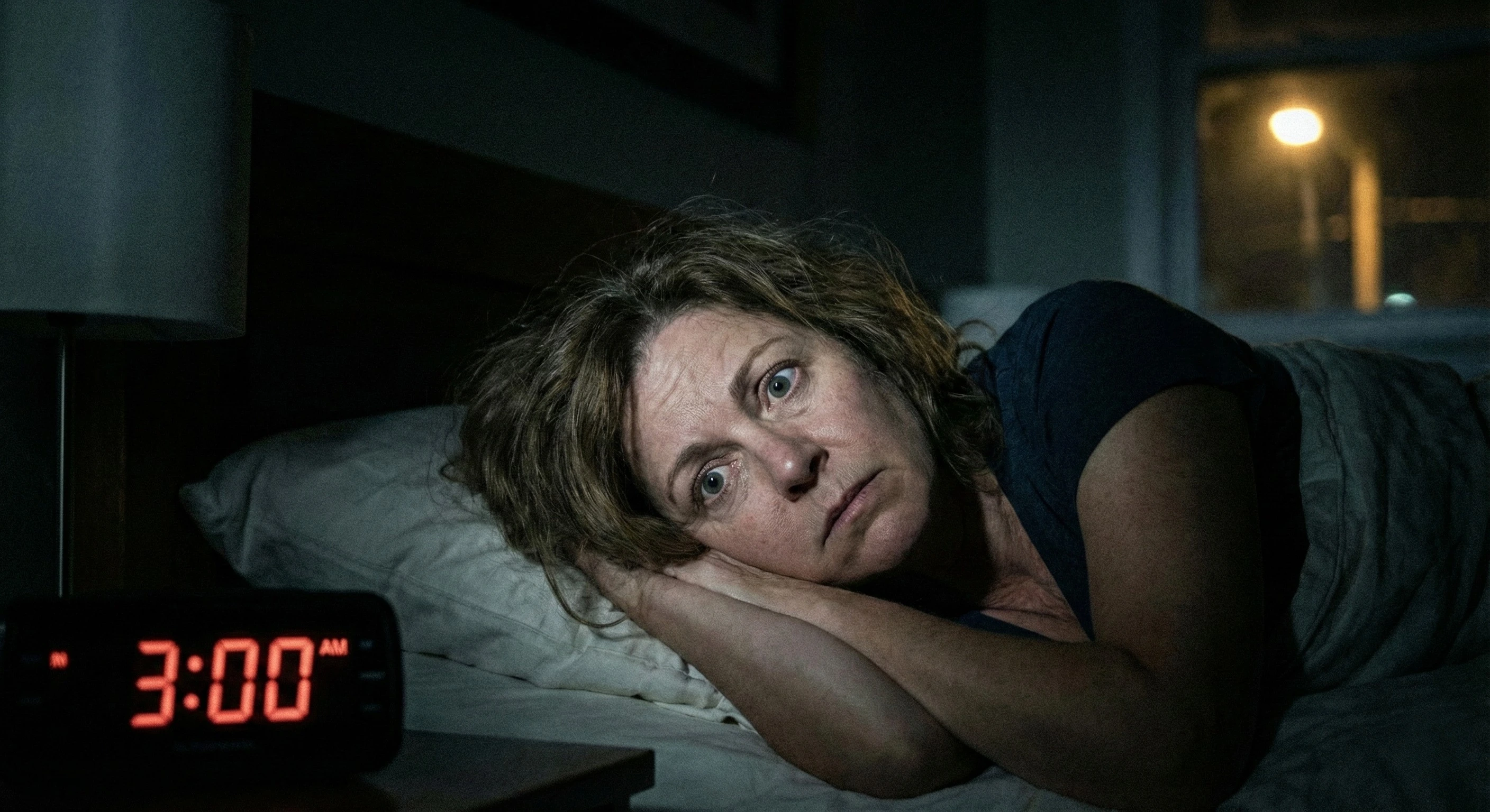 Primo piano di una donna di mezza età sveglia a letto alle 3 di notte, con espressione preoccupata e occhi sbarrati nel buio