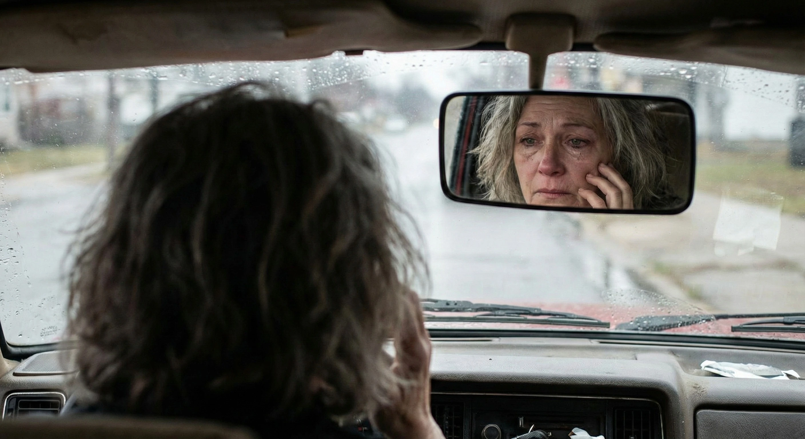 Donna di 50 anni in auto che guarda con tristezza le proprie rughe e segni del tempo nello specchietto retrovisore