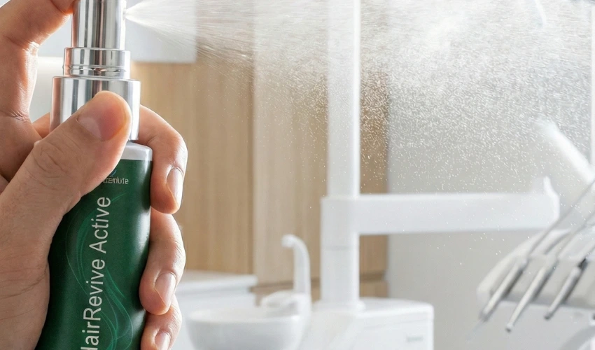 Primo piano del flacone HairRevive Active spray mentre viene erogato, sfondo clinico ma moderno. Si vede una leggera nebulizzazione potente.