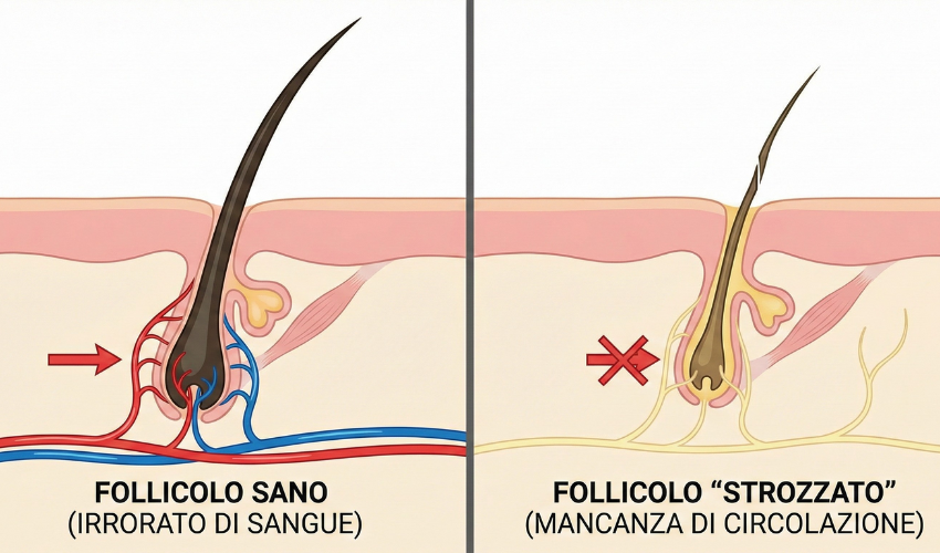 Grafico comparativo medico: a sinistra un follicolo sano irrorato di sangue, a destra un follicolo 'strozzato' e ingiallito a causa della mancanza di circolazione sanguigna.