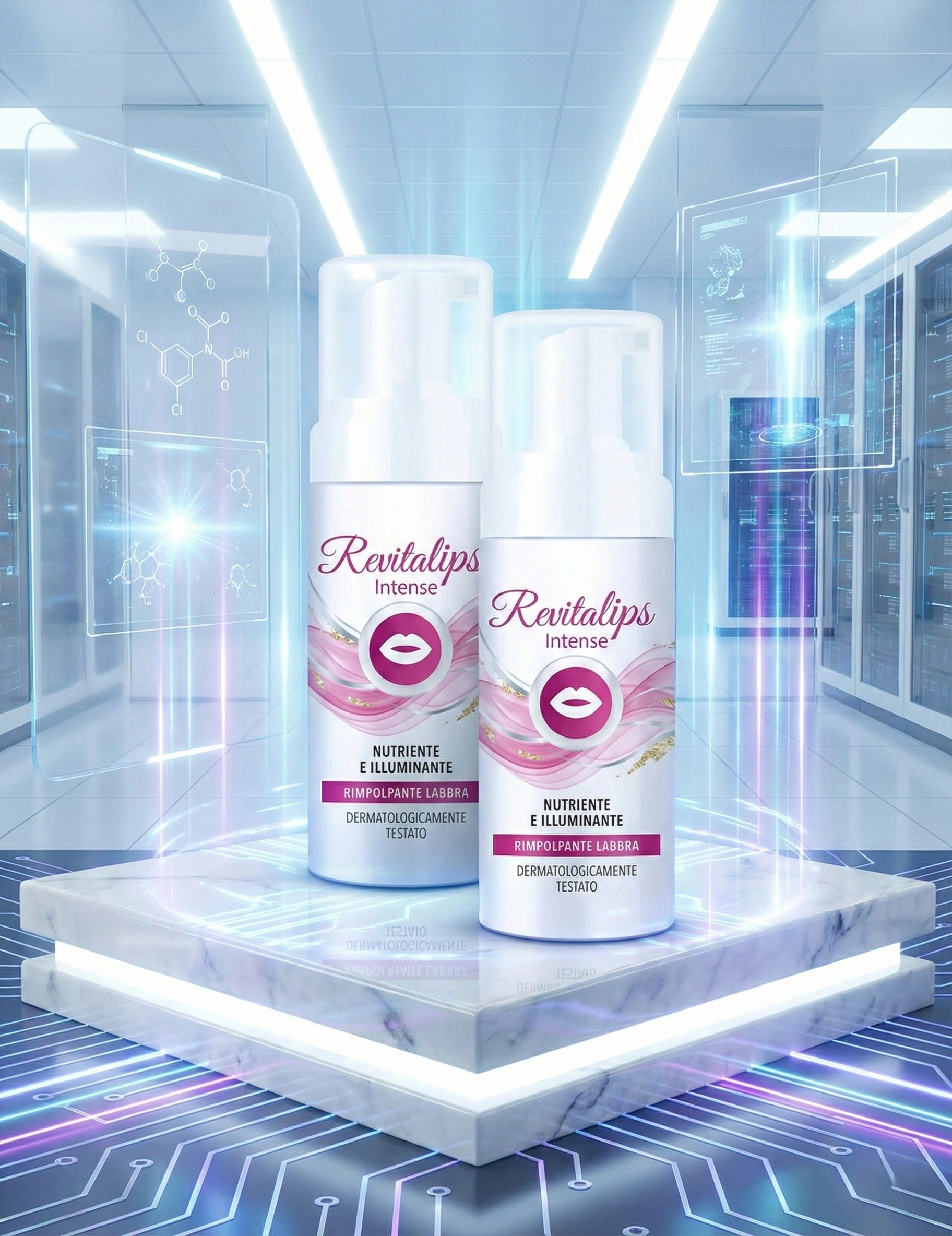 Flacone elegante e lussuoso del siero RevitaLips Intense su uno sfondo pulito e luminoso, che suggerisce tecnologia avanzata