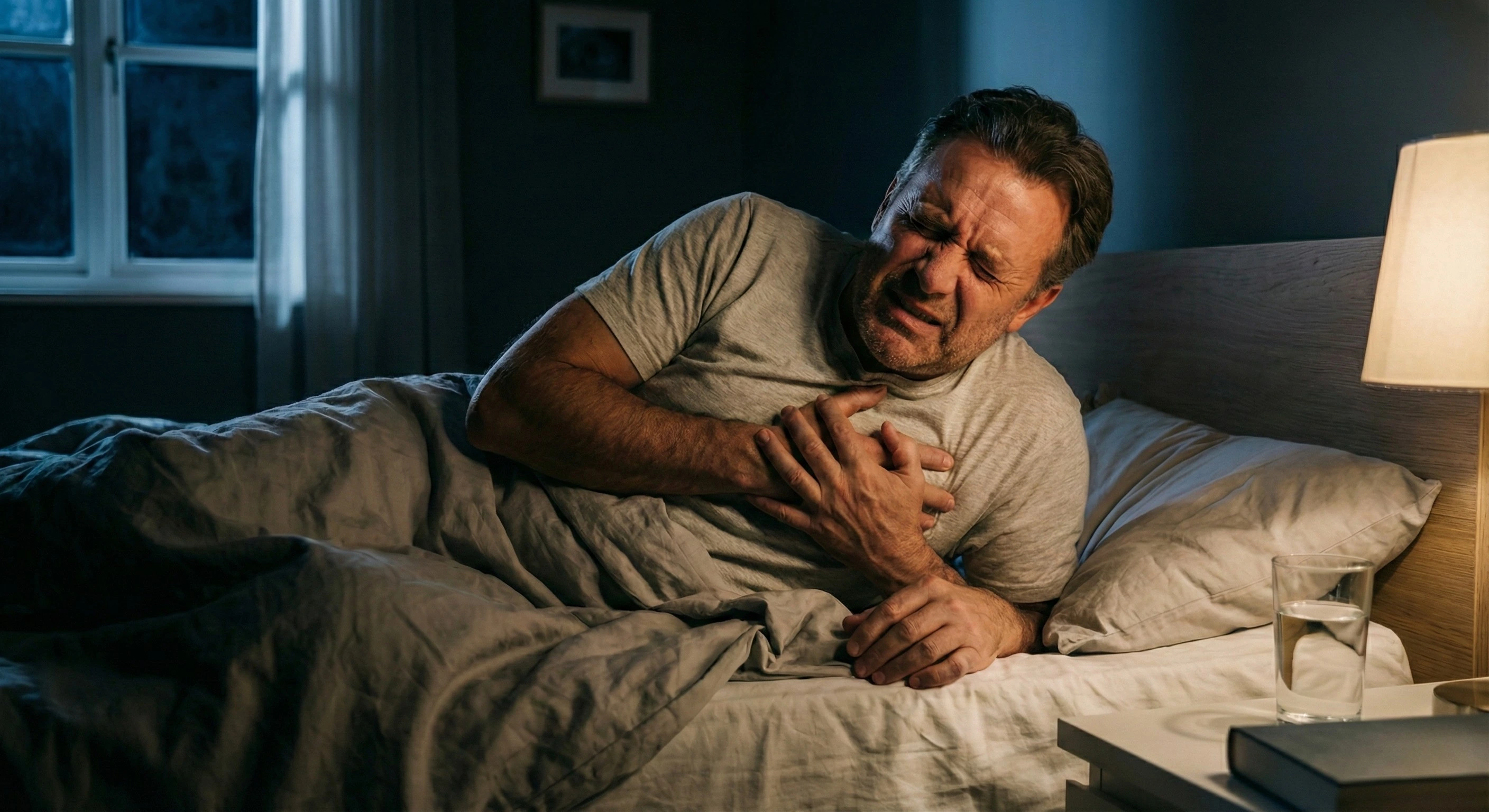 Uomo di mezza età sveglio a letto nel cuore della notte che si tocca il petto con espressione di dolore intenso causato da bruciore di stomaco e reflusso acido