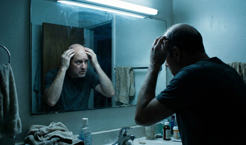 Uomo di mezza età davanti allo specchio del bagno con luce fredda, espressione preoccupata mentre guarda i suoi capelli radi e il cuoio capelluto lucido. Atmosfera depressa.