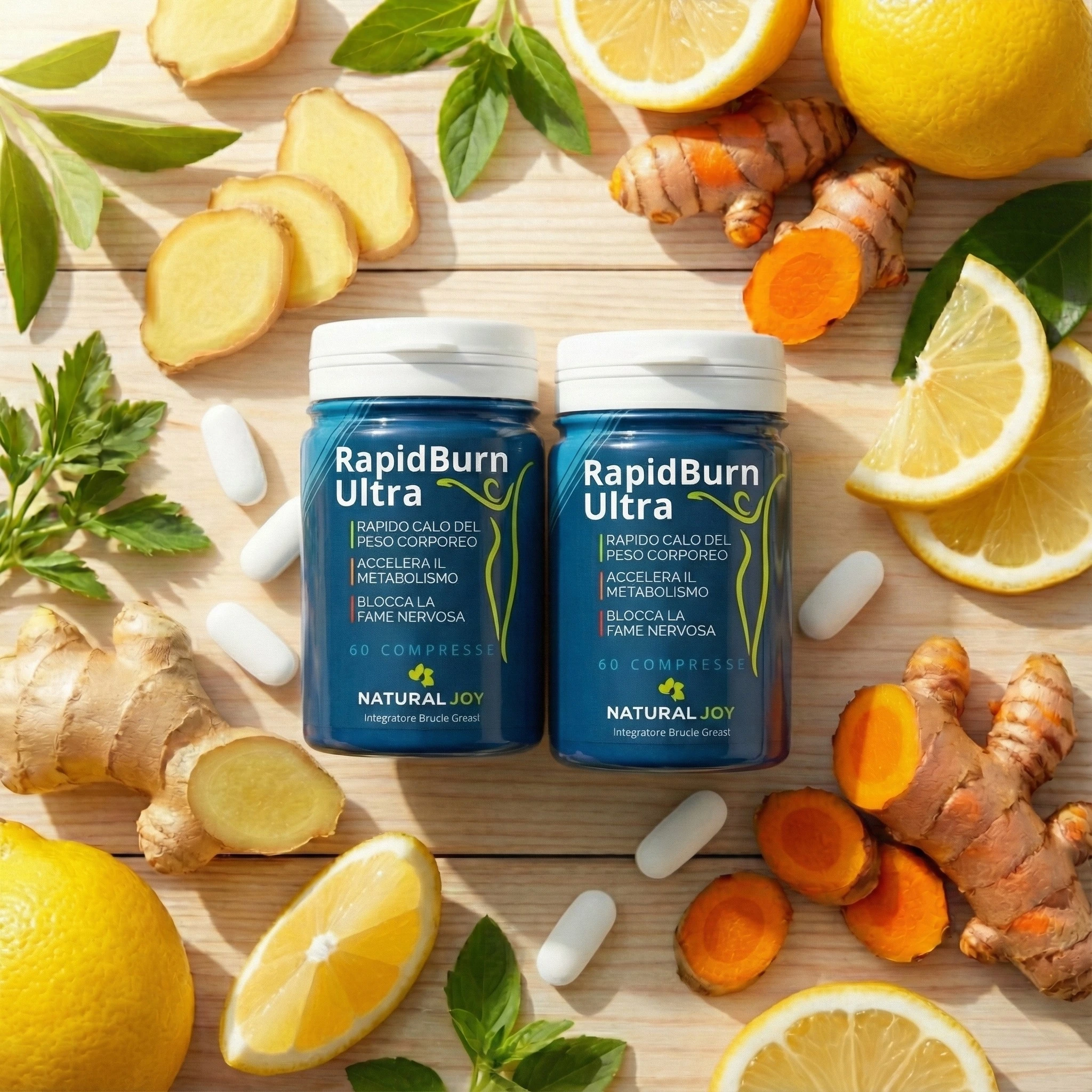 Composizione visiva con le capsule di RapidBurn Ultra circondate da ingredienti naturali freschi come radice di zenzero, curcuma e limone su sfondo luminoso