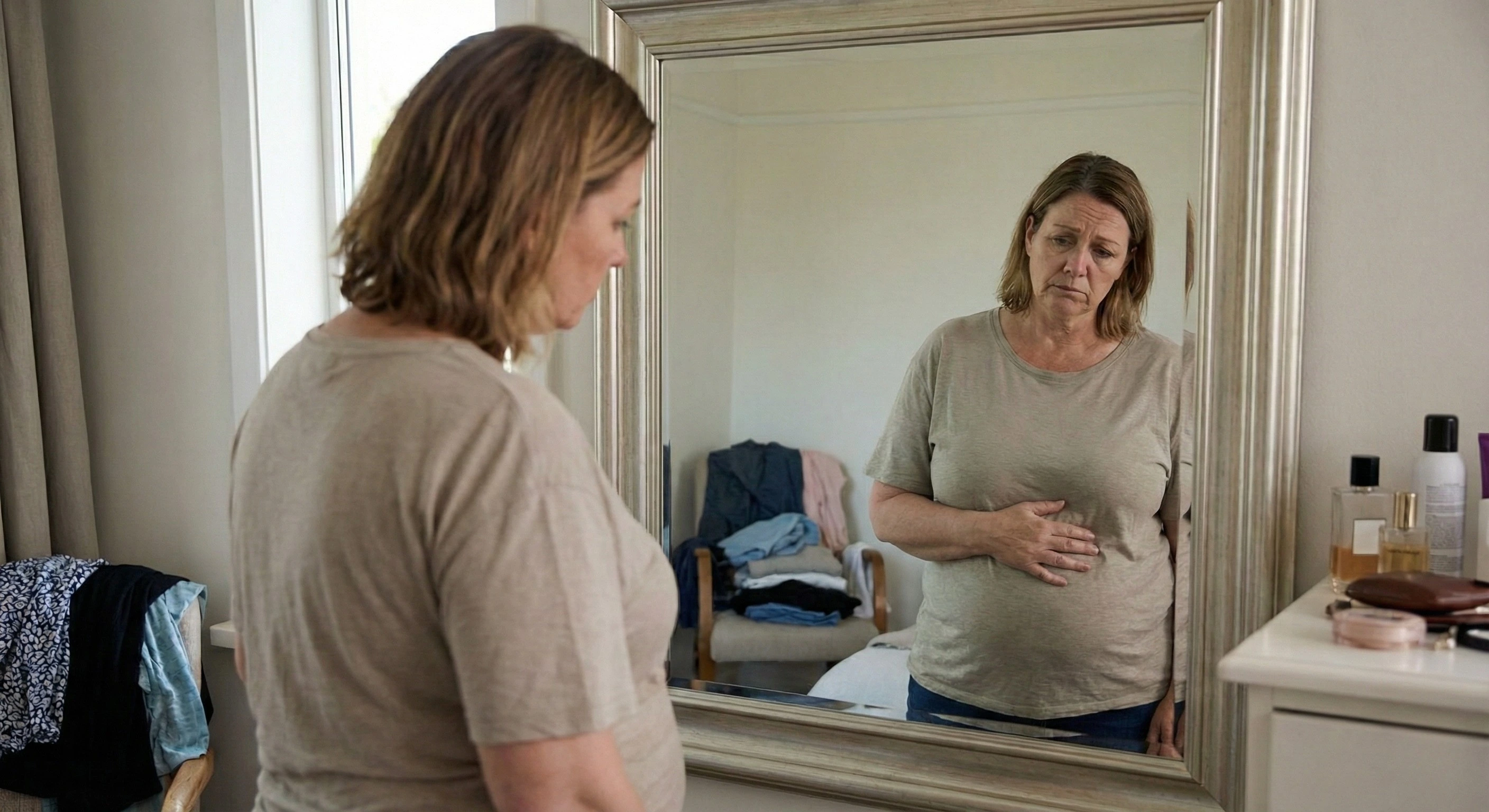 Donna di mezza età con espressione triste e stanca che si guarda allo specchio toccandosi la pancia, sentendosi a disagio con il proprio corpo e il sovrappeso